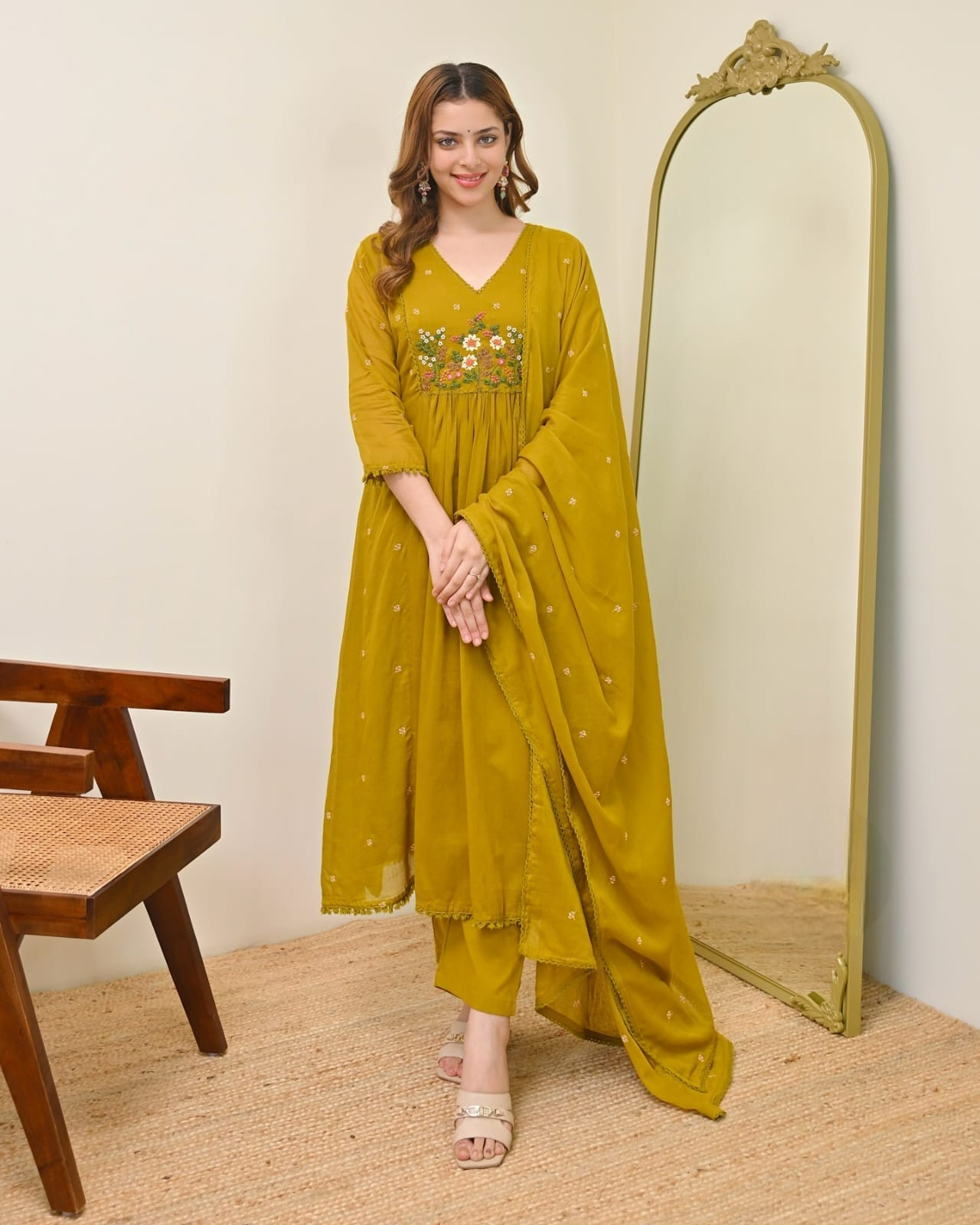 Mustard Yellow Pure Viscose Mul Chandheri Kurta set
